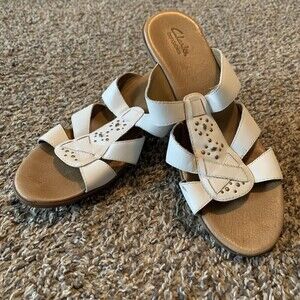 Clarks bendables womens slip on leather wedge sandals size 9M white